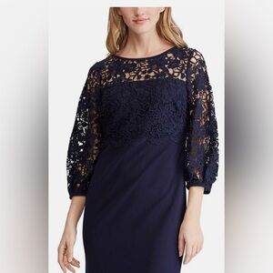 Ralph Lauren Navy Blue Floral Lace Midi Knee Length Half Sleeves Dress: size 14